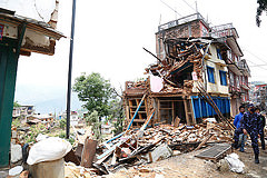 Collapsed buildings in earthquake-hit Chautara, Nepal